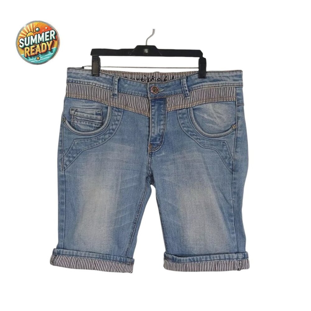 Vertikal Jeans Women's Denim Bermuda Cuffed Shorts Embroidered Pockets Size 34